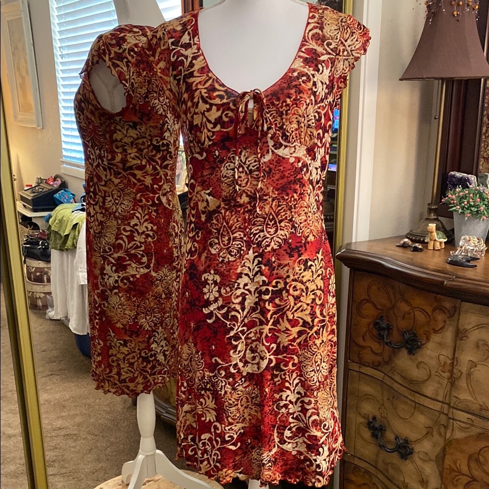 City Triangles Red and Gold Velvet-Print Midi Dress